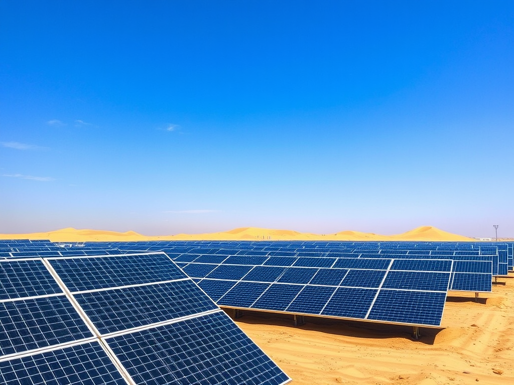 A field of solar panels in a desert landscape under a clear blue sky, with sand dunes in the background.