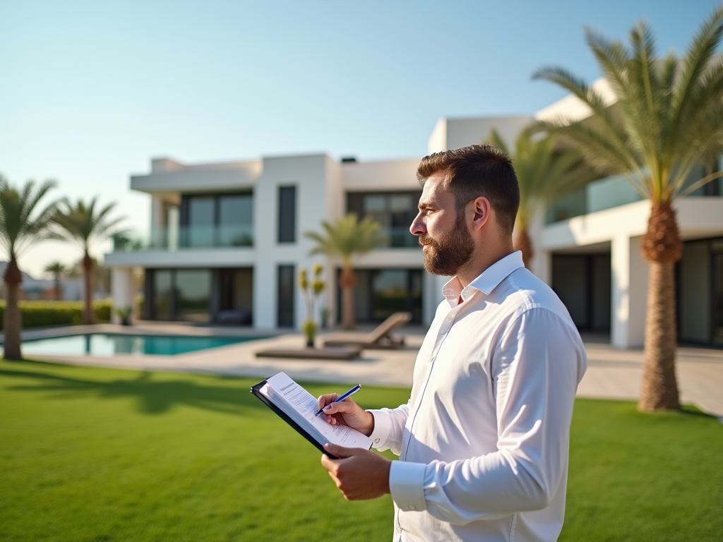 Man with clipboard assessing luxury house and pool.