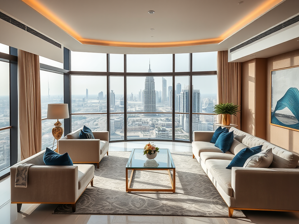 A modern living room with a city view, featuring beige sofas, blue accents, and a glass coffee table.